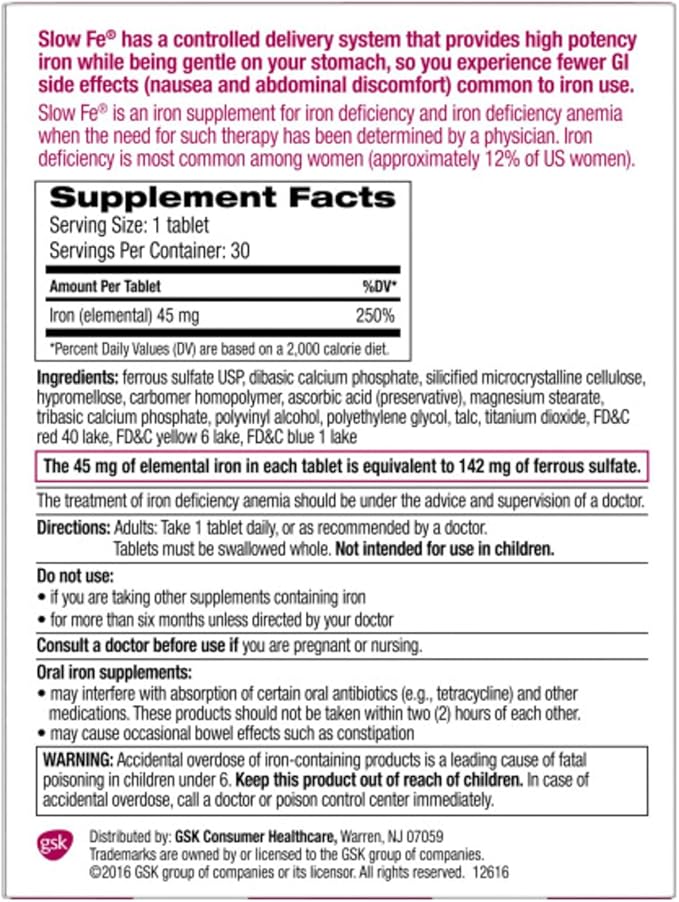Slow Fe 45mg Iron Supplement for Iron Deficiency, Slow Release, High Potency, Easy to Swallow Tablets - 30 Count