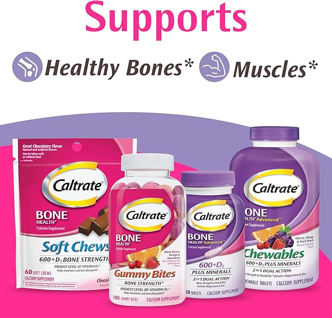 Caltrate Chewables 600 Plus D3 Plus Minerals Calcium Vitamin D Supplement, Cherry, Orange and Fruit Punch - 60 Count (Pack of 2)