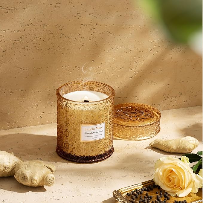 LA JOLIE MUSE Ginger & White Musk Candle, 19 oz Large Wood Wicked Candles for Home Scented, Natural Soy Candle Gifts for Men&Women, Long Burning Glass Jar Candles
