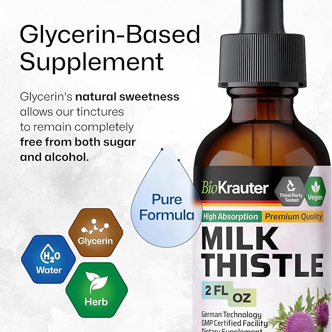 BIO KRAUTER Milk Thistle Liquid Drops - Milk Thistle Silymarin Liver Support Supplement - Alcohol & Sugar Free Tincture for Liver Cleanse Detox - 2 Fl. Oz.
