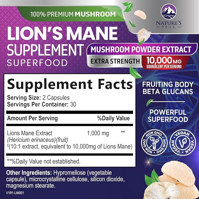 Lions Mane Supplement Capsules 10,000mg, Premium Lion’s Mane Mushroom Capsules Supplement for Memory and Focus Support, Brain, Immune Health Support, Vegan Non-GMO Mushroom Powder Extract - 60 Count