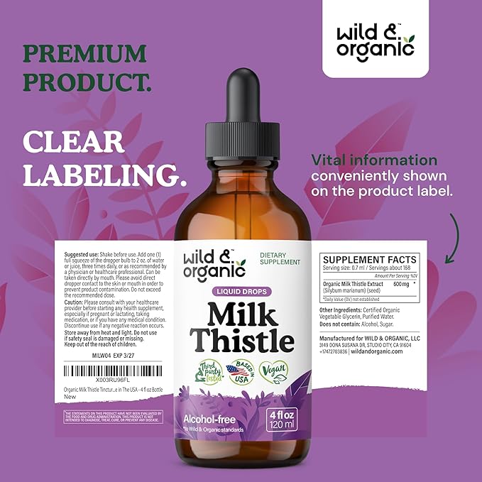 Wild & Organic Milk Thistle Liquid Drops - Liver Cleanse Detox - Silymarin Milk Thistle Supplement for Liver Support - Silybum Marianum Seed Extract Tincture - Vegan, Sugar & Alcohol-Free - 4 fl oz