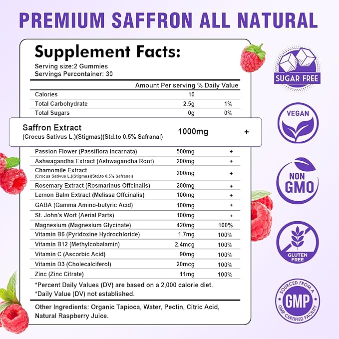 Saffron Gummies - Sugar Free Saffron Supplement for Men Women Mood Support Supplement with Saffron Extract, Passion Flower, Magnesium & Vitamins for Relaxation, Focus, Raspberry Flavor, 60 Count