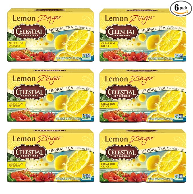 Celestial Seasonings Lemon Zinger Herbal Tea, Caffeine Free, 20 Tea Bags Box, (Pack of 6)