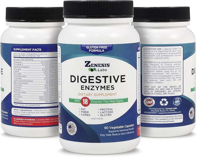 Zenesis Labs Digestive Enzymes - with Amylase, Bromelain, Protease, Lipase, & 14 Other Enzymes - 90 Capsules