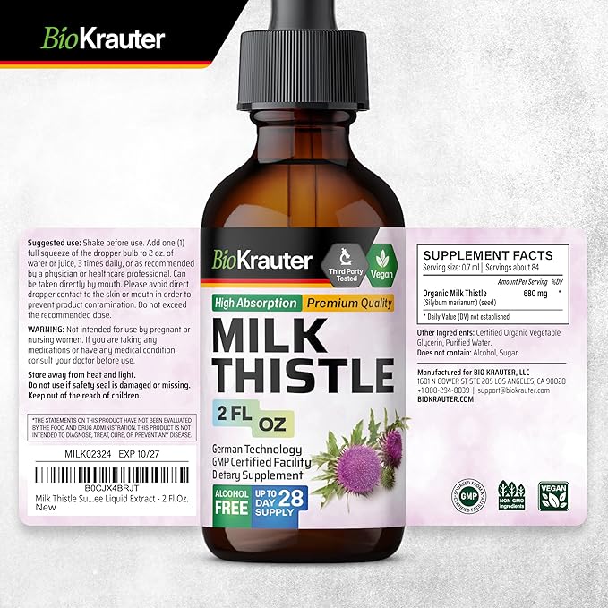 BIO KRAUTER Milk Thistle Liquid Drops - Milk Thistle Silymarin Liver Support Supplement - Alcohol & Sugar Free Tincture for Liver Cleanse Detox - 2 Fl. Oz.