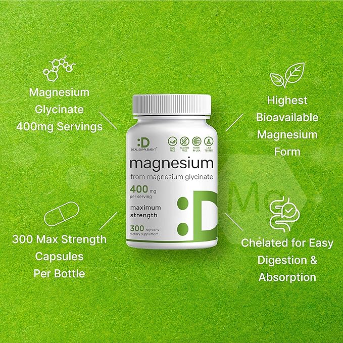Magnesium Glycinate 400mg | Elemental Magnesium - 300 Capsules | Chelated for Easy Absorption | Highly Purified Essential Trace Mineral for Muscle, Joint, Heart, & Immune Support