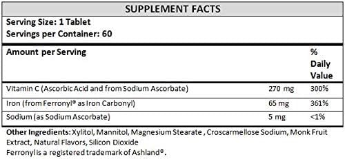Chewable Iron 65 mg with Vitamin C 270 mg (for Women/Men) |60 Days Supply | No Sugar- Zesty Orange Flavor Supplement 60 Count