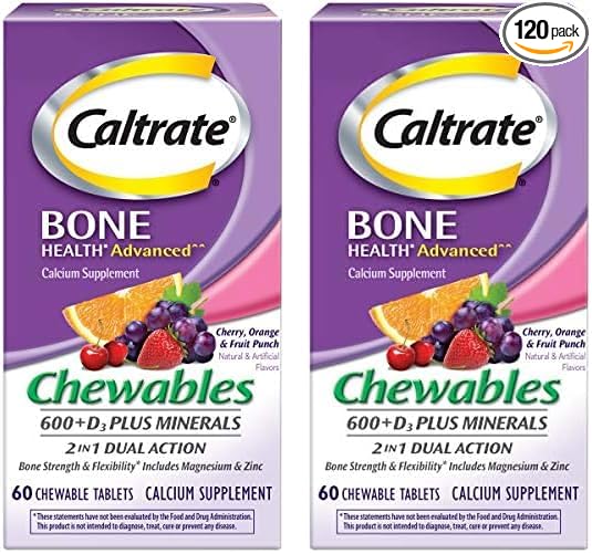 Caltrate Chewables 600 Plus D3 Plus Minerals Calcium Vitamin D Supplement, Cherry, Orange and Fruit Punch - 60 Count (Pack of 2)