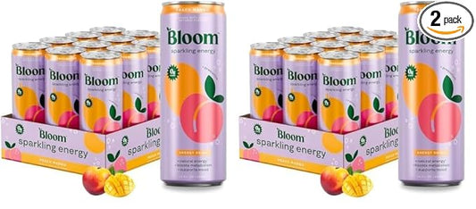 Bloom Nutrition Sparkling Energy Drink for Focus, Natural Caffeine, Zero Sugar, 180mg Caffeine, Antioxidant-Rich with Green Coffee Bean, Green Tea Extract, & Prebiotics, Peach Mango 12oz 24 Pack