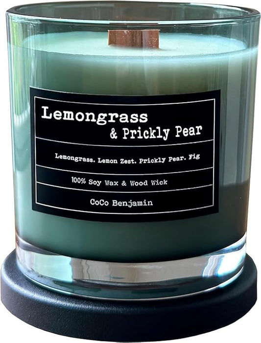 Wooden Wick, 100% Soy, Highly Scented, Hand Poured, 8 oz (Lemongrass Prickly Pear)