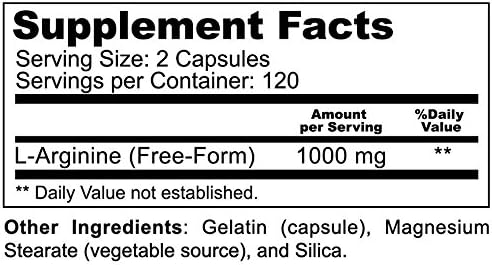 L-Arginine 1000 mg 240 Caps - Supports High Potency Nitric Oxide Levels Blood Flow Improve Energy Endurance for Men and Women