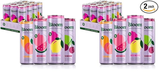 Bloom Nutrition Sparkling Energy Drink - Variety Pack - Natural Caffeine, Zero Sugar, 180mg Caffeine - Antioxidant-Rich with Green Coffee Bean, Green Tea Extract, Prebiotics - 12oz 24 Pack