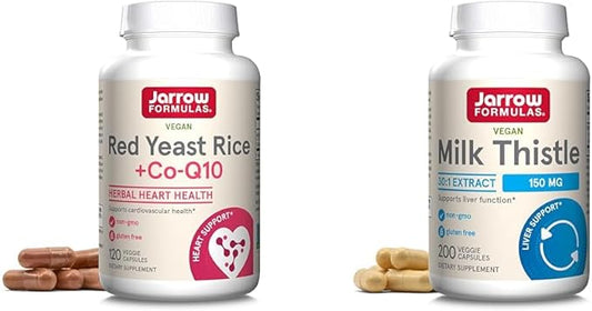 Jarrow Formulas Red Yeast Rice 1200 mg & Co-Q10 100 mg Per Serving-120 Veggie Caps-60 Servings & Heart Health-Vegan & Milk Thistle 150 mg with 30:1 Standardized Silymarin Extract