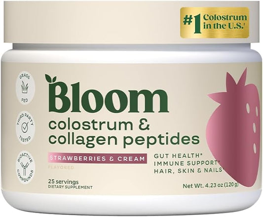 Bloom Nutrition Bovine Colostrum Powder for Gut Health, Immune Support, Hair Growth & Beauty Supplement, Gluten Free, Sugar Free | Strawberries & Cream, 25 Servings
