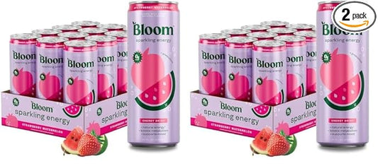 Bloom Nutrition Sparkling Energy Drink - Natural Caffeine, Zero Sugar, 180mg Caffeine - Antioxidant-Rich with Green Coffee Bean, Green Tea Extract, Prebiotics - Strawberry Watermelon - 12oz 24 Pack