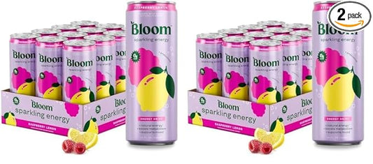 Bloom Nutrition Sparkling Energy Drink for Focus, Natural Caffeine, Zero Sugar, 180mg Caffeine, Antioxidant-Rich with Green Coffee Bean, Green Tea Extract, & Prebiotics, Raspberry Lemon 12oz 24 Pack