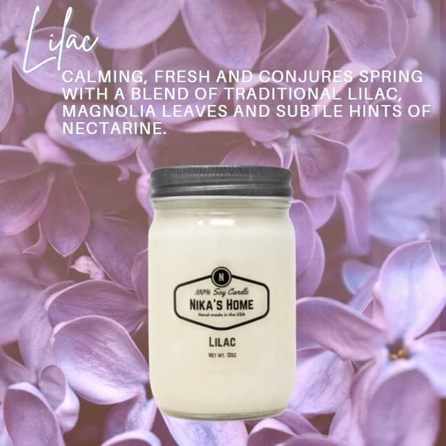 Nika's Home Lilac Soy Candle - 12oz Mason Jar - Non-Toxic - Hand Poured in The USA, Long Burning 50-60 Hours Highly Scented All Natural, Clean Burning