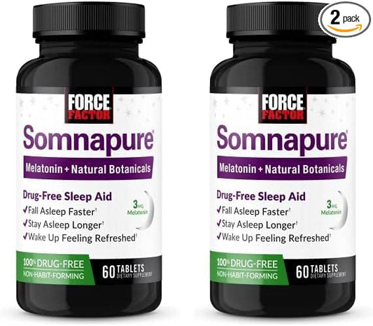 Force Factor Somnapure Drug-Free Sleep Aid for Adults for Occasional Sleeplessness with Melatonin & Valerian, Non-Habit-Forming Sleeping Pills, Fall Asleep Faster, Wake Up Refreshed, 60 Tablets