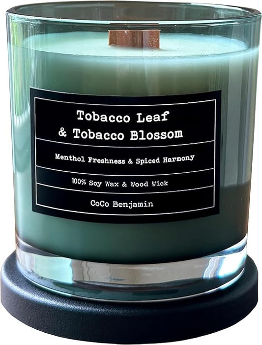 Wooden Wick, 100% Soy, Highly Scented, Hand Poured, 8 oz (Tobacco Leaf & Tobacco Blossom)