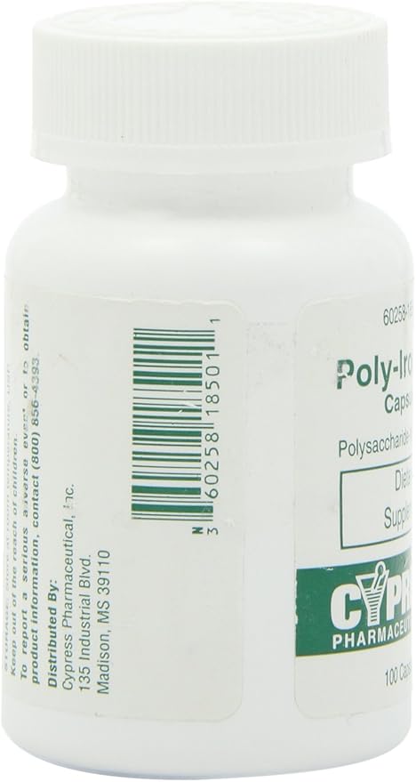 Dietary Supplement - Poly Iron Capsules 150 mg (100 caps per bottle) by Cypress Pharmaceutical #185-01 (1 Bottle of 100 Caps)