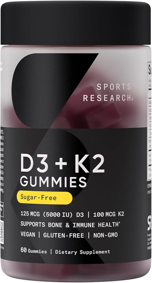 Sports Research® Vegan Vitamin D3 + K2 Gummies - 5000iu Vitamin D w/100mcg Mk7 Vitamin K for Bone & Immune Support - Vegan Certified · Non-GMO · Sugar Free - 60 Count Gummy