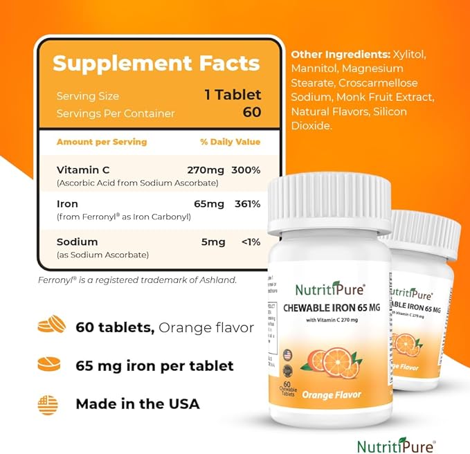 Chewable Iron 65 mg with Vitamin C 270 mg (for Women/Men) |60 Days Supply | No Sugar- Zesty Orange Flavor Supplement 60 Count