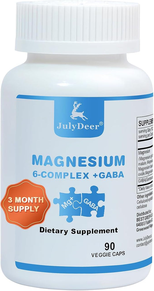 JulyDeer Sixfold Magnesium Complex | 350mg of Magnesium Glycinate, Malate, Citrate, Taurine, Oxide, L-threonate for Muscles,Nerves,& Energy, GABA Sleep Support | High Absorption | Vegan | 90 Capsules