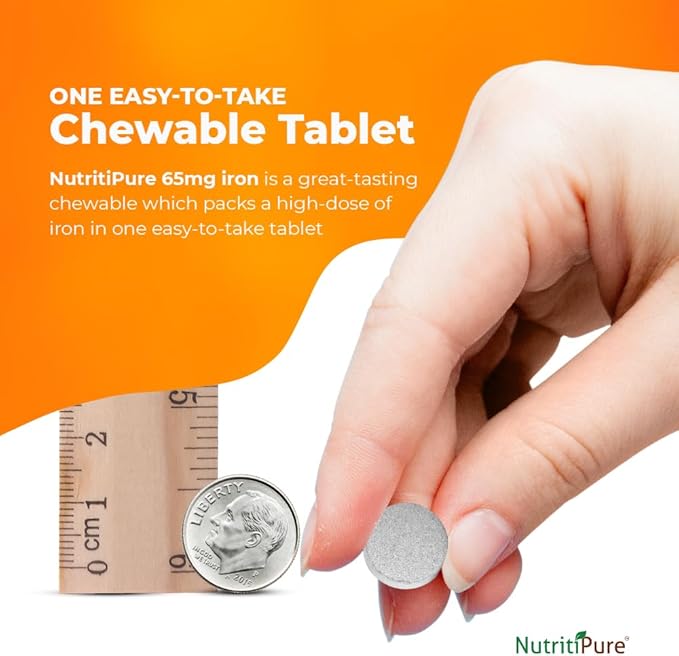 Chewable Iron 65 mg with Vitamin C 270 mg (for Women/Men) |60 Days Supply | No Sugar- Zesty Orange Flavor Supplement 60 Count