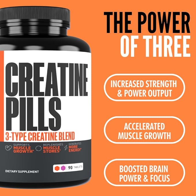 Creatine Pills, 5g 3X Pure Creatine Monohydrate Pills, Pre Workout Bulk Muscle Mass Gainer, High Absorption Easy to Take ThreeAtine 3 Type Optimum Performance for Lean Growth Men Women, 90 Tablets