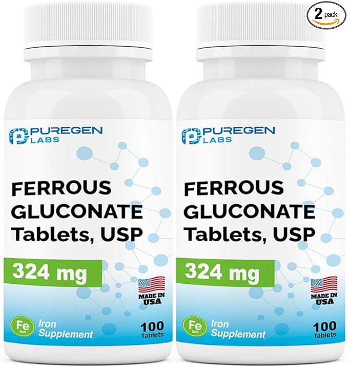 Puregen Labs Ferrous Gluconate 324 mg [High Potency] Iron Supplement, Gentle on Stomach | 2 Pack - 200 Tablets Total