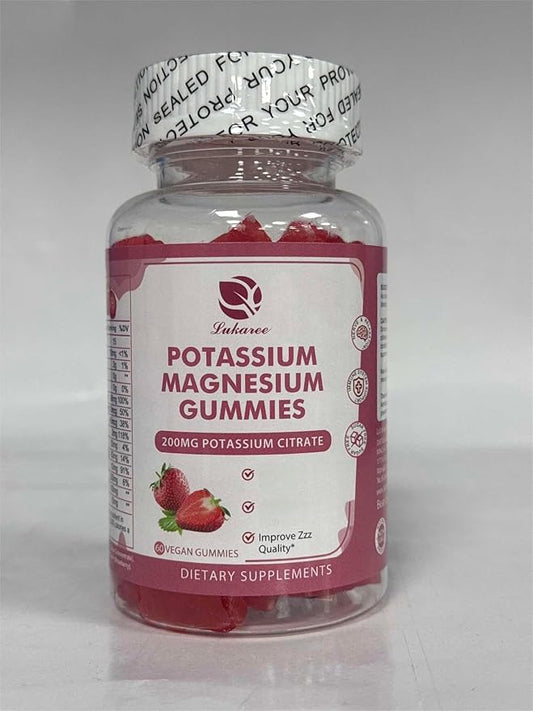 Potassium Magnesium Gummies - High Absorption Magnesium Glycinate & Potassium Citrate 200mg Plus Omega 3, B6, D3, K2 & Calcium - Chewable Gummy for Immunity & Energy - Strawberry Flavor - 60 Count