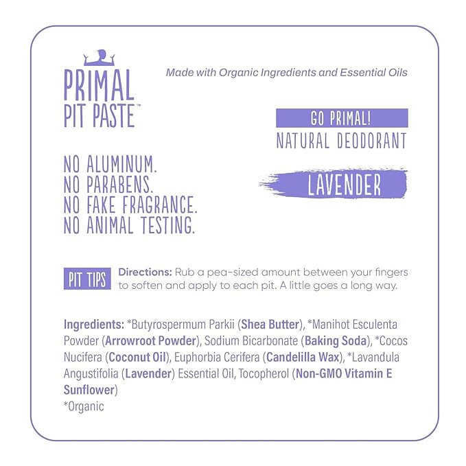 Primal Pit Paste Natural Aluminum-Free Deodorant, Lavender (1-Pack) | All-Day Odor Control for Women & Men | Effective, Skin Soothing Formula with Safe, Organic Ingredients and Essential Oils