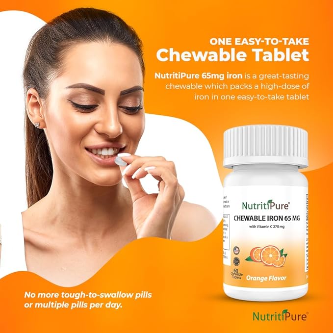 Chewable Iron 65 mg with Vitamin C 270 mg (for Women/Men) |60 Days Supply | No Sugar- Zesty Orange Flavor Supplement 60 Count