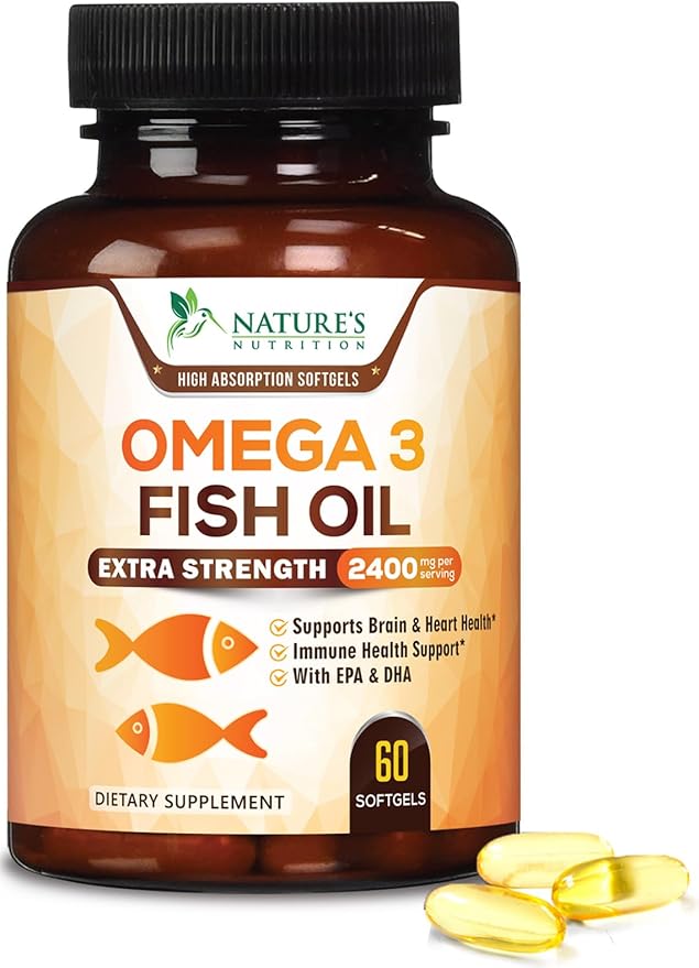Triple Strength Omega 3 Fish Oil - 2400 mg Natural Omega-3 Supplements Support Brain, Heart & Joint Health with EPA & DHA Essential Fatty Acids - Lemon Flavor, Burpless, Wild Caught - 60 Softgels