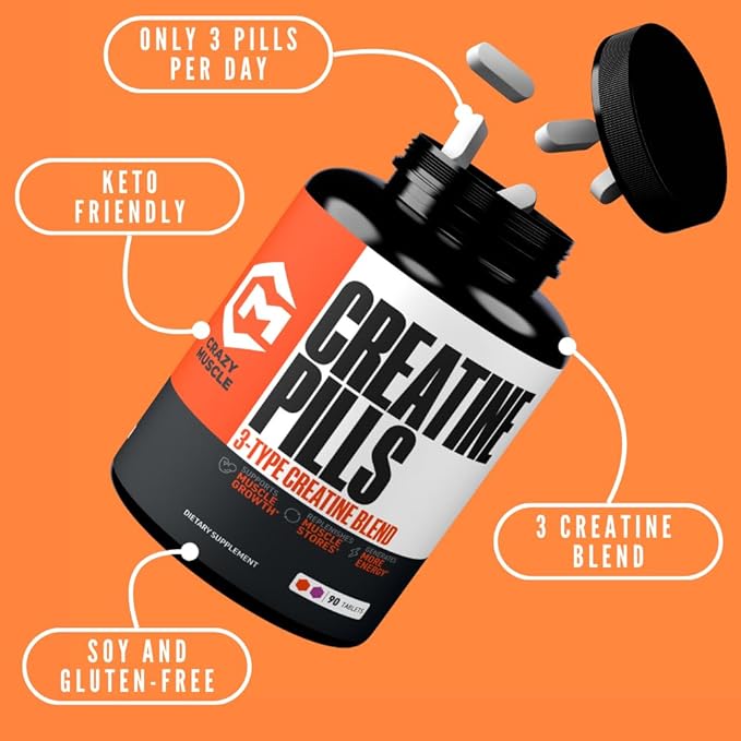 Creatine Pills, 5g 3X Pure Creatine Monohydrate Pills, Pre Workout Bulk Muscle Mass Gainer, High Absorption Easy to Take ThreeAtine 3 Type Optimum Performance for Lean Growth Men Women, 90 Tablets