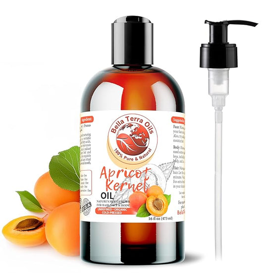 Bella Terra Oils - Organic Apricot Kernel Oil 16oz - Pure Organic Apricot Kernels Extract, Enriched with B-Vitamins & Omega Fatty Acids, Elevate Your Skin Care Regimen