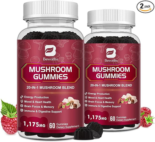 (2 Pack Mushroom Complex Gummies with Lions Mane, 20-in-1 Comprehensive Mushroom Supplement for Brain Health, Focus & Clarity, Vegan, Non-GMO, Raspberry Flavor, 120 Gummies