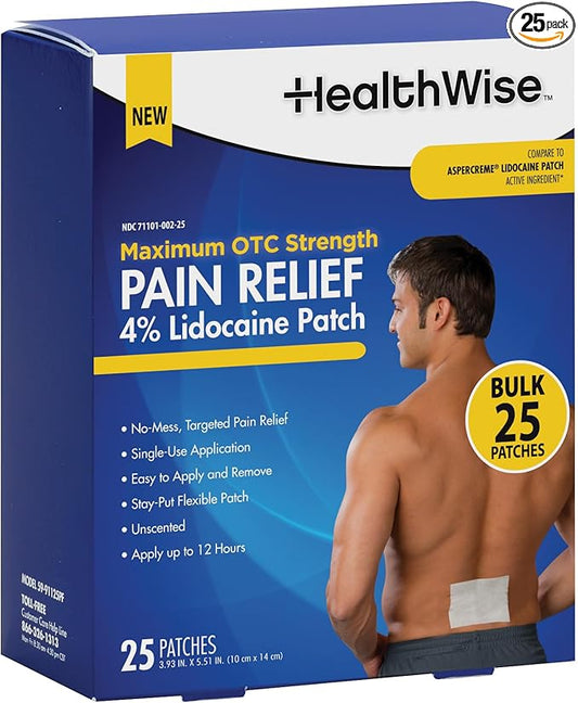 HealthWise 4% Lidocaine Pain Relief Patch | Maximum OTC Strength | 25-Count | 3.93” x 5.51” | Soothes Minor Aches and Pains | Odor Free | Topical Anesthetic | Easy to Apply Flexible Adhesive