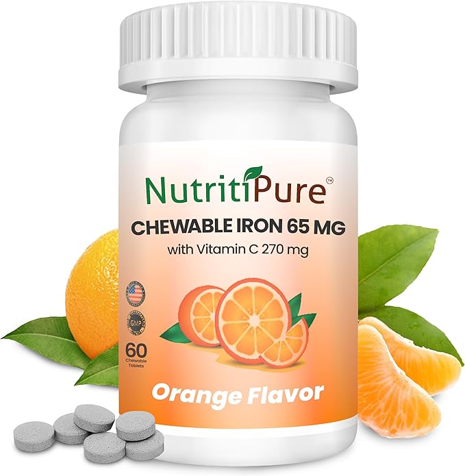 Chewable Iron 65 mg with Vitamin C 270 mg (for Women/Men) |60 Days Supply | No Sugar- Zesty Orange Flavor Supplement 60 Count