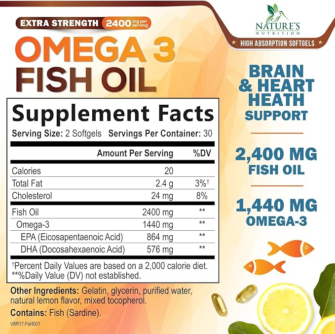 Triple Strength Omega 3 Fish Oil - 2400 mg Natural Omega-3 Supplements Support Brain, Heart & Joint Health with EPA & DHA Essential Fatty Acids - Lemon Flavor, Burpless, Wild Caught - 60 Softgels