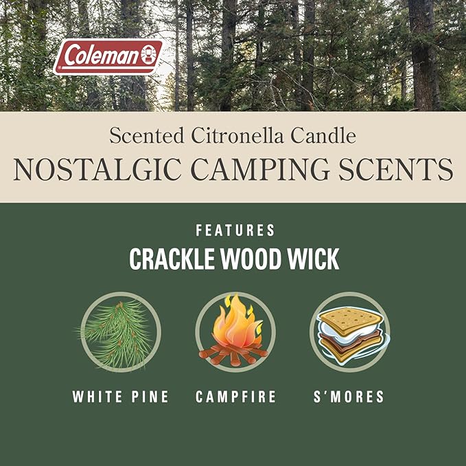 Coleman Campfire Scented Citronella Candle - Wooden Crackle Wick, Campfire Fragrance, 25-Hour Burn Time - Nostalgic Tin for Crackling Outdoor Ambiance