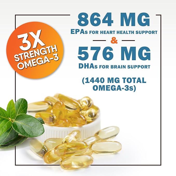 Triple Strength Omega 3 Fish Oil - 2400 mg Natural Omega-3 Supplements Support Brain, Heart & Joint Health with EPA & DHA Essential Fatty Acids - Lemon Flavor, Burpless, Wild Caught - 60 Softgels
