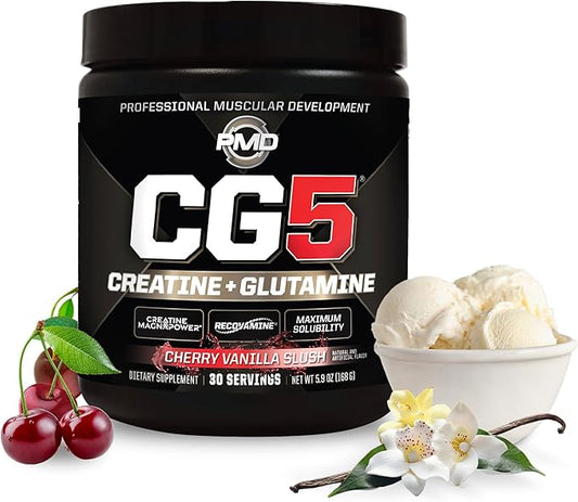 PMD Sports CG5 - Premium Creatine and L Glutamine Powder - Maximum Strength Power Recovery, Build Lean Muscle, Increase Performance - Pre-Workout and Post Workout - Cherry Vanilla Slush (30 Servings)