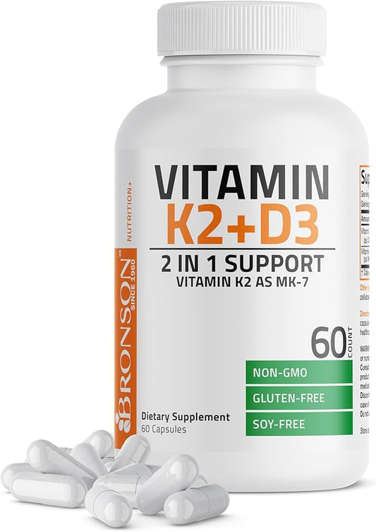 Bronson Vitamin K2 D3 (MK7) Supplement Non-GMO Formula Vitamin D3 5000IU (125 mcg) & 90 mcg K2 MK-7, Easy to Swallow D & K Complex, 60 Capsules