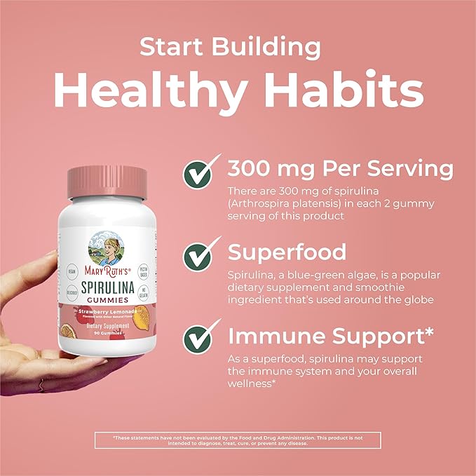 MaryRuth Organics Spirulina Gummies Made with Organic Spirulina | Superfood Gummies for Ages 14+ | Vegan | Non-GMO | 90 Count