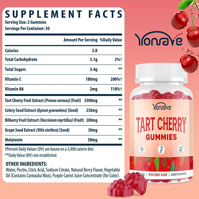 Tart Cherry Gummies – Uric Acid Cleanse & Joint Support with Celery Seed – Vegan, Antioxidant Tart Cherry Supplement – Mixed Berry Flavor, 60 Count