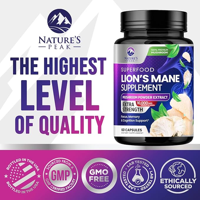 Lions Mane Supplement Capsules 10,000mg, Premium Lion’s Mane Mushroom Capsules Supplement for Memory and Focus Support, Brain, Immune Health Support, Vegan Non-GMO Mushroom Powder Extract - 60 Count