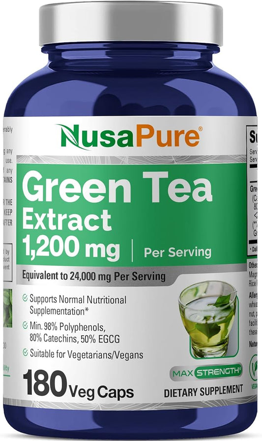 NusaPure Green Tea 20:1 Extract, 1200 mg Equivalent to 24000mg, 180 Vegan Capsules, 50% EGCG, 98% Polyphenols, 80% Catechins