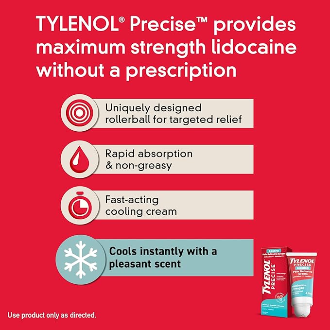 Tylenol Precise Cooling Pain Relieving Cream, Maximum Strength 4% Lidocaine & 1% Menthol Cream for Joint Pain, Fast-Acting, Penetrating Pain Relieving Cream, Light Scent, 4oz